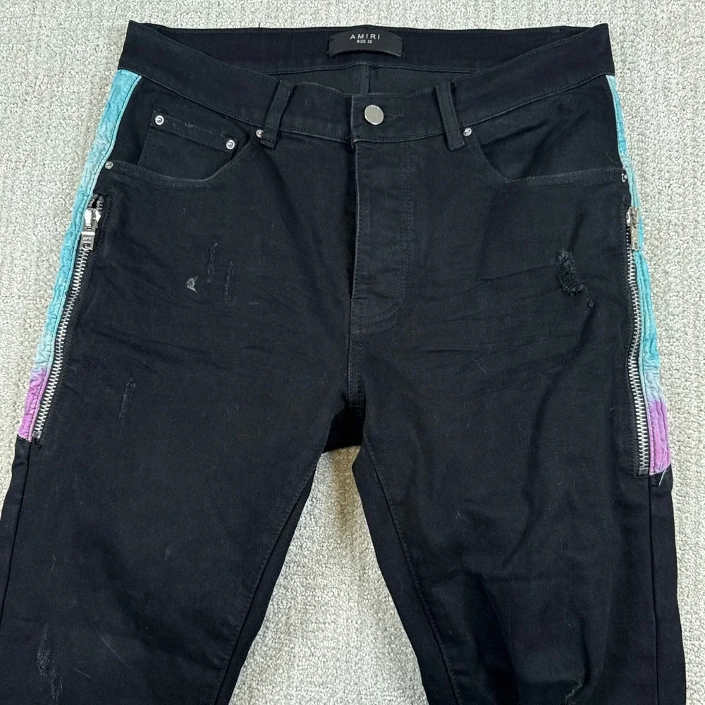 Amiri Mens 32x30 Black Distressed Side Stripe Zip Skinny Denim Jeans Made USA